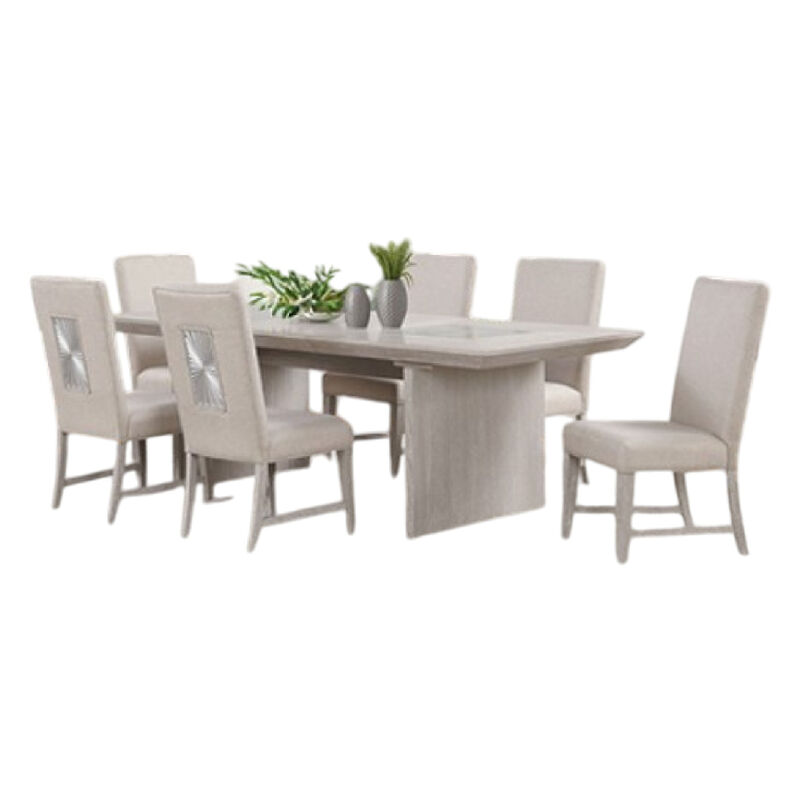 Diaz 7pc Dining Table Set, Extendable Leaf, 6 Fabric Chair, Gray Wood - Benzara