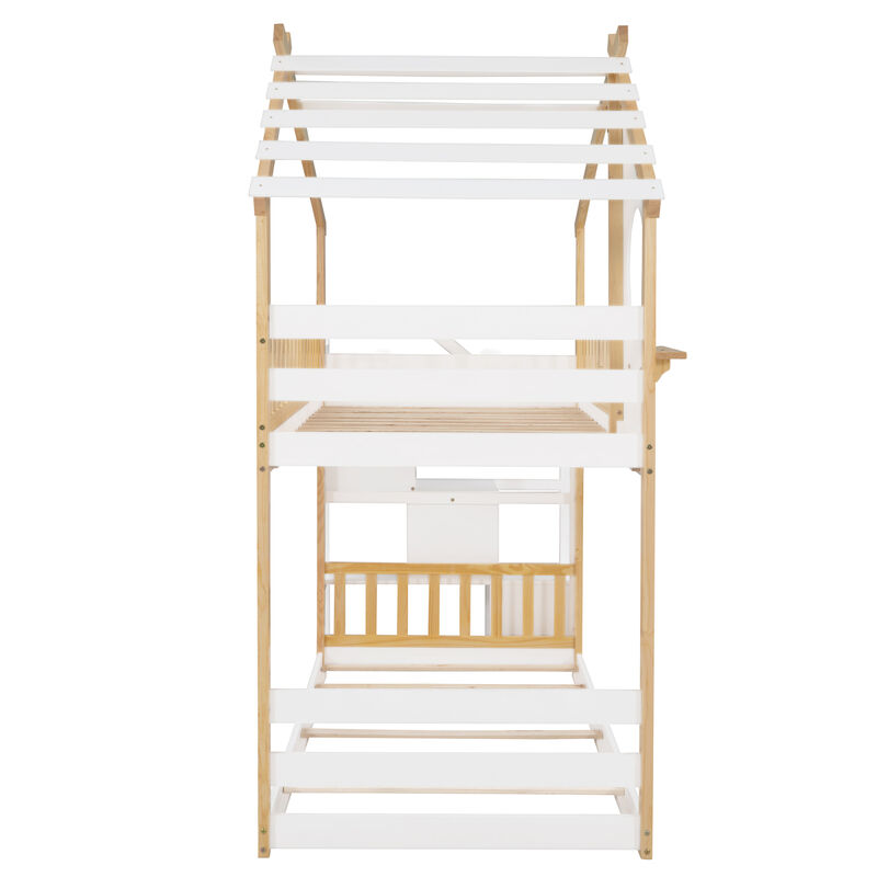 Stairway Twin-Over-Twin Bunk Bed,House Bed,Storage and Guard Rail,Natural Bed +White Stair（OLD SKU :LT000308AAK）
