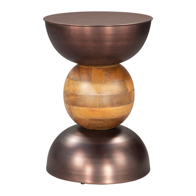 HomeRoots 20" Bronze and Brown Iron and Solid Wood Round Pedestal End Table image number 2