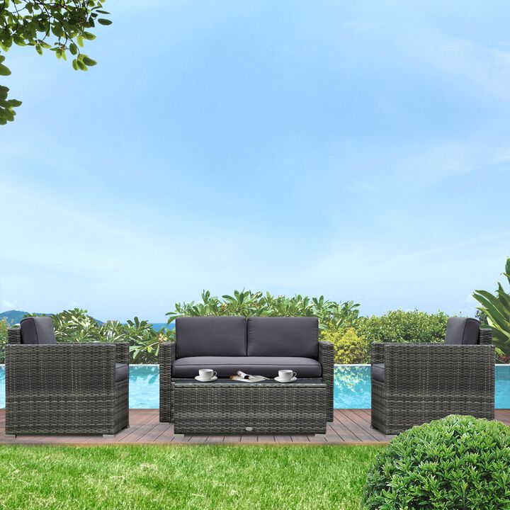4-Piece Rattan Wicker Furniture Set, Outdoor Cushioned Conversation Furniture with 2 Chairs, Loveseat, and Glass Coffee Table, Grey