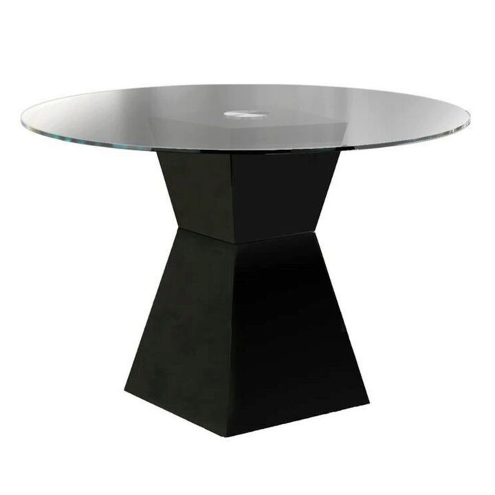 Contemporary Round Glass Dining Table with Square Pedestal Base, Black - Benzara