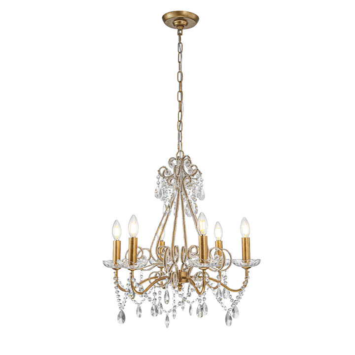 6-Lights Antique Gold Classic Candlestick Chandelier 22'' Mid-century French Style Pendant Light with Crystal Teardrop Beads
