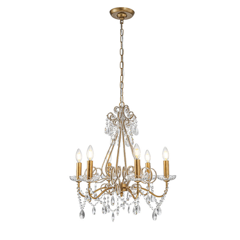 6-Lights Antique Gold Classic Candlestick Chandelier 22'' Mid-century French Style Pendant Light with Crystal Teardrop Beads image number 0