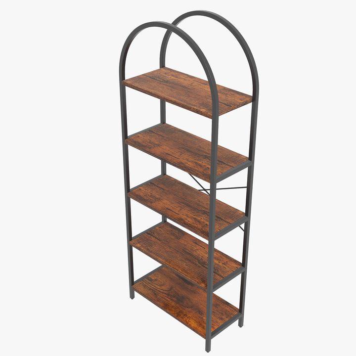 Modern Industrial Arched 5-Tier Open Bookshelf, Curved Metal Frame Freestanding Storage Display Shelf for Living Room, Bedroom & Home Office