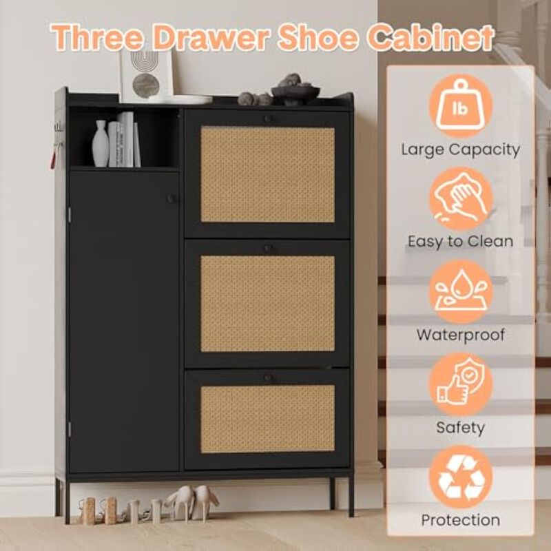 Slim Entryway Shoe Storage Cabinet 3 Tier Flip Drawer Adjustable Space Saving image number 3