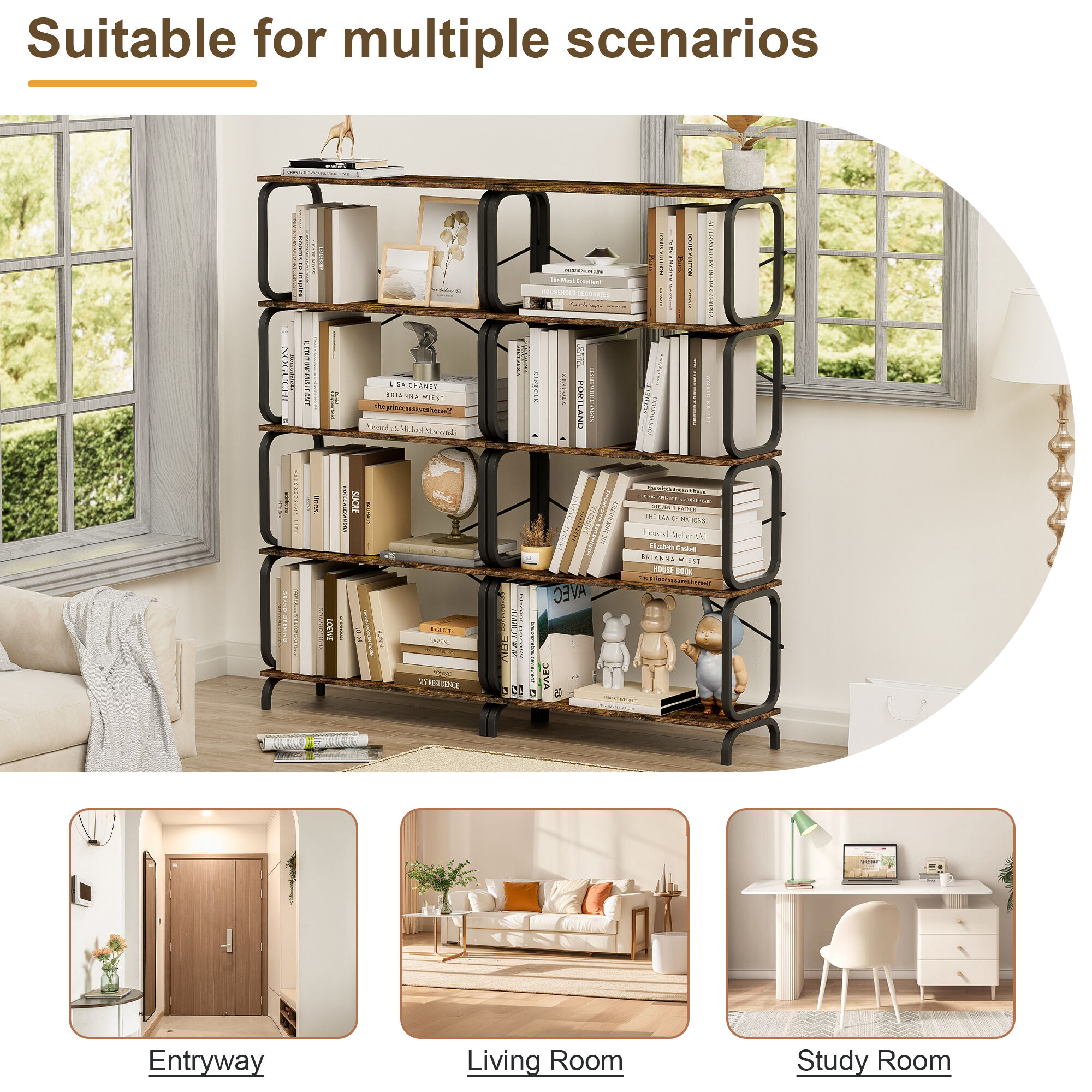 5-Tier Industrial Bookshelf, Rustic Brown Tall Bookcase with Open
