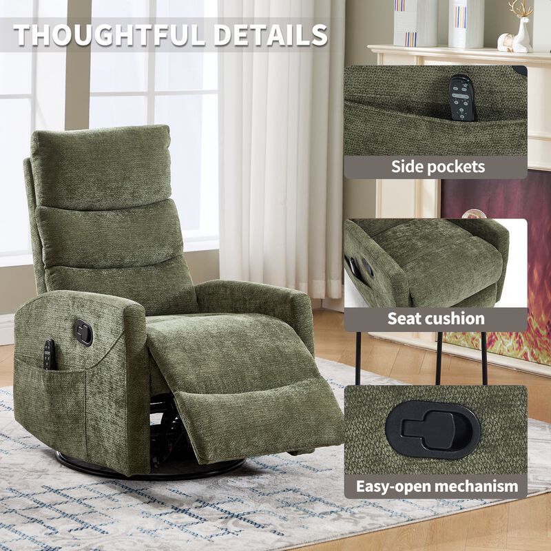 Chenille Manual Recliner Chair Swivel Rocker Recliner with Heat & Massage image number 6