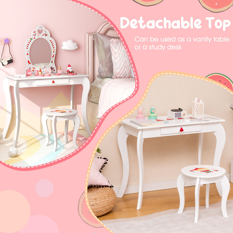 2 in 1 Children Pretend Makeup Vanity Set with Removable Mirror and Storage Drawer-White
