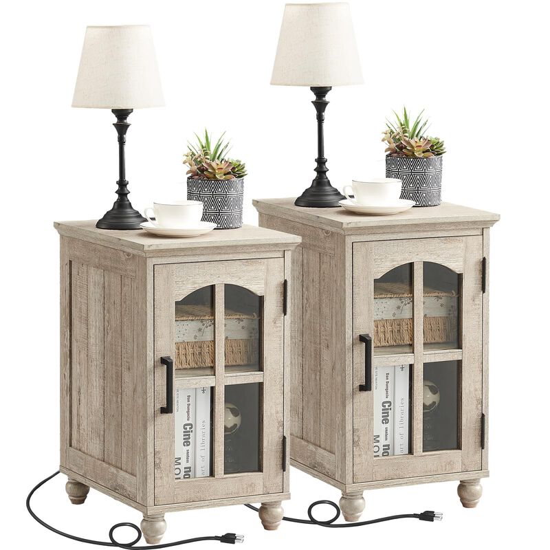Narrow Side Table Set of 2,Farmhouse Nightstand with Charging Station,End Table with Glass Barn Door Storage, Cabinet Organizer