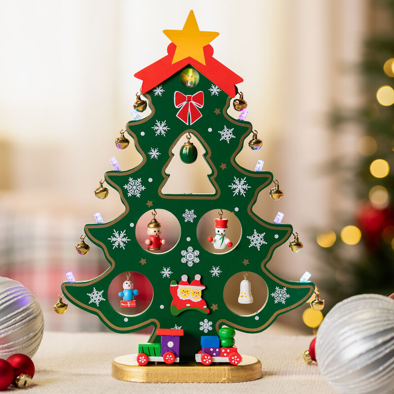 11.25" Red and Green Christmas Tree Cut-Out with Miniature Ornaments Tabletop Decoration image number 1