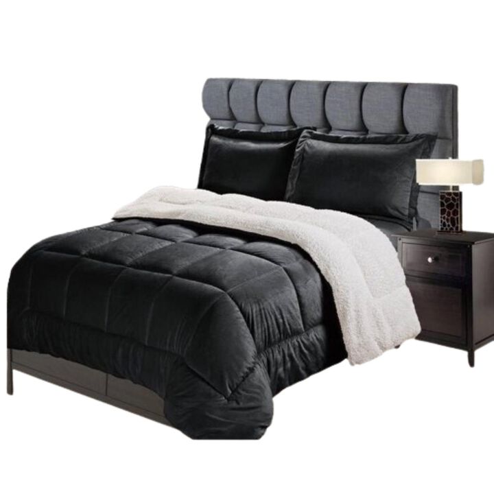 Hivvago King Size 3 Piece Ultra Soft Sherpa Wrinkle Resistant Comforter Set in Black