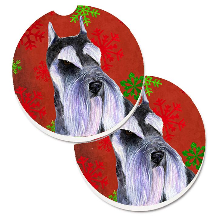 Caroline's Treasures Schnauzer Red & green Snowflakes Holiday Christmas Set of 2 Cup Holder Car Coasters SS4684CARC, 2.56, Multicolor