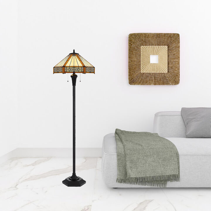 HomeRoots 60" Bronze Two Light Traditional Shaped Floor Lamp With Orange and Ivory Abstract Tiffany Glass Empire Shade