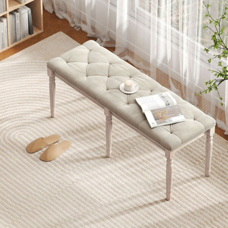 Upholstered Bench with Carved Wood Legs and Cushioned Seat For Bedroom-Beige image number 1