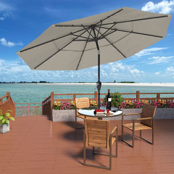 10 FT Patio Umbrella with Solar Lights 3-Tier Outdoor Table Umbrella Market Umbrella Pool Umbrella Outdoor Umbrellas for Patio, Red