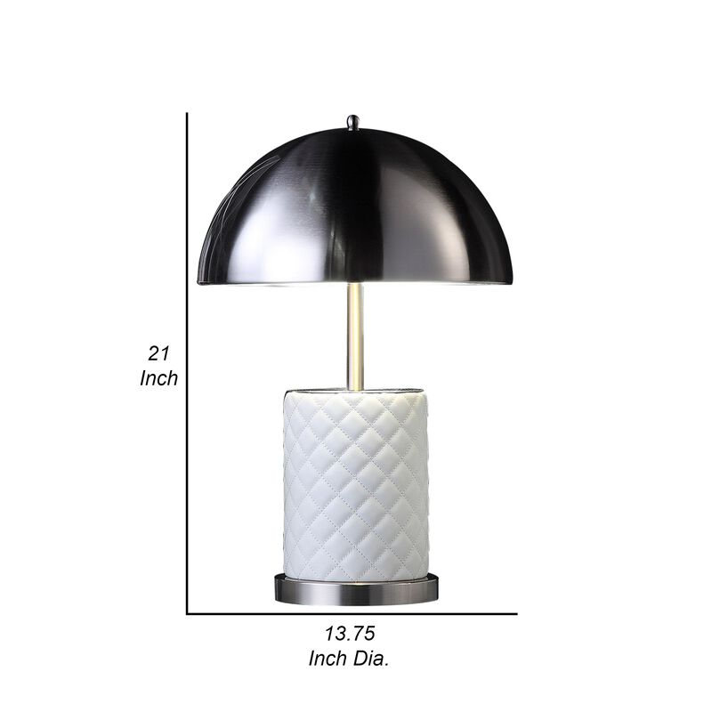 Aria 21 Inch Table Lamp, Round, Dome Shade, Dark Silver, White Faux Leather-Benzara