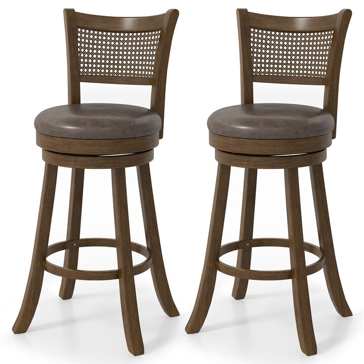 Rattan Backrest Swivel Barstool Set of 2 Counter Height with Footrest-Brown