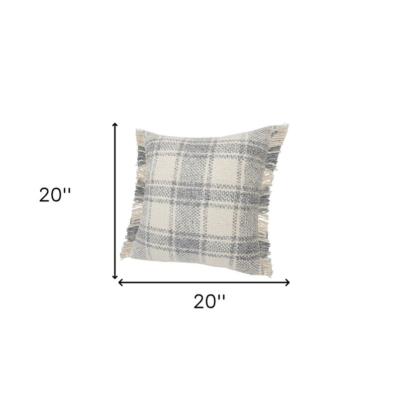 HomeRoots Set of Two 20" Off White And Gray Plaid Cotton Throw Pillows with Fringe image number 5