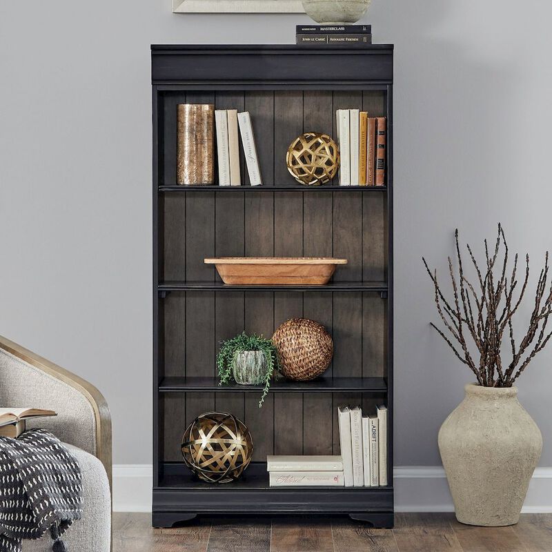 Liberty Furniture Meritage 60 Inch Bookcase for Home Office - Aged Charcoal w/ Rub Thru & Caramel image number 3