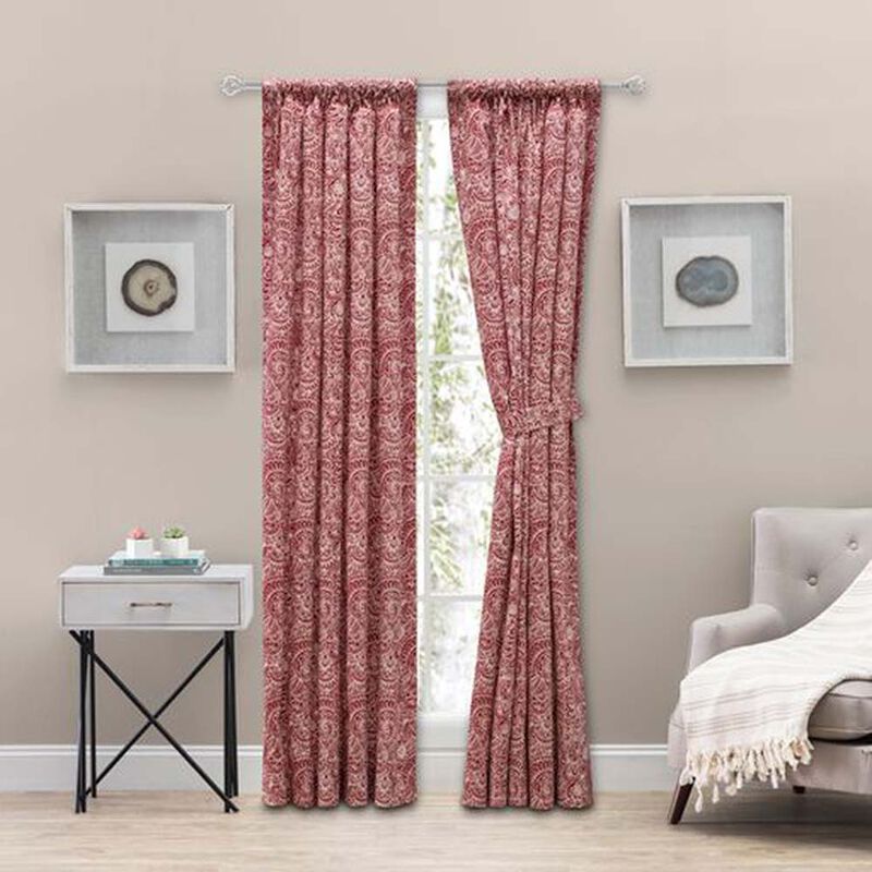 Ellis Segovia Printed Paisley Pattern on Ground 3" Rod Pocket Tailored Pairs with Ties 100"x63" Red