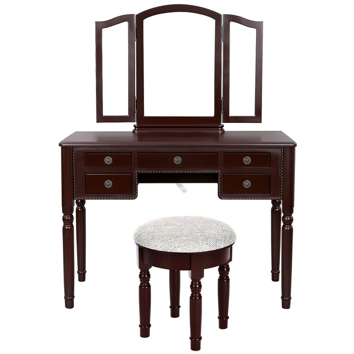 43 Inch 3 Piece Vanity Desk Set with Elegant Trifold Mirror and a Cushioned Stool, Espresso Brown Solid Wood-Benzara