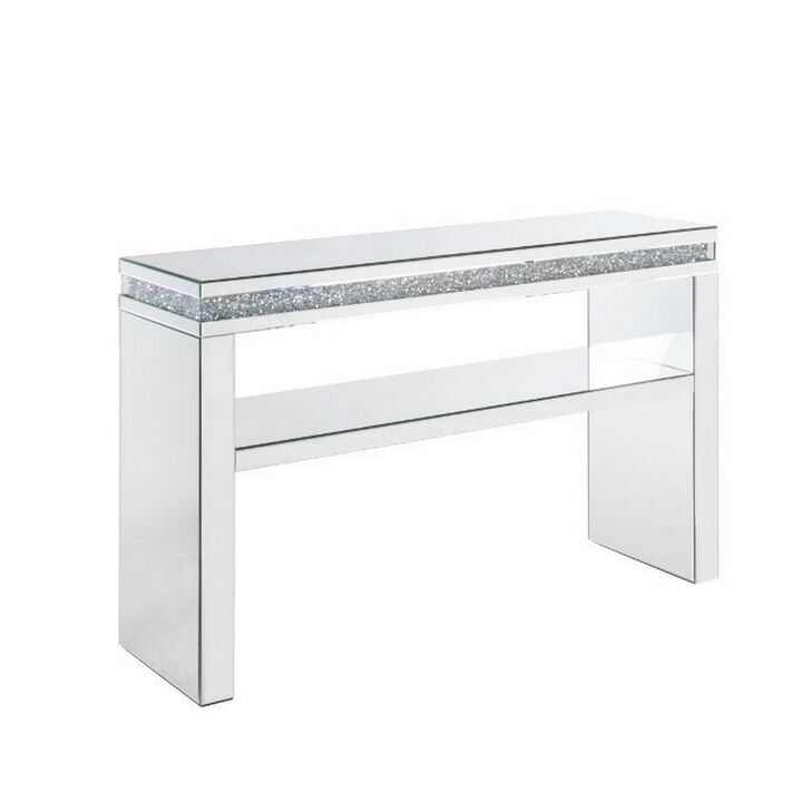 Sofa Table with Mirror Panel Frame and 1 Glass Shelf, Silver-Benzara