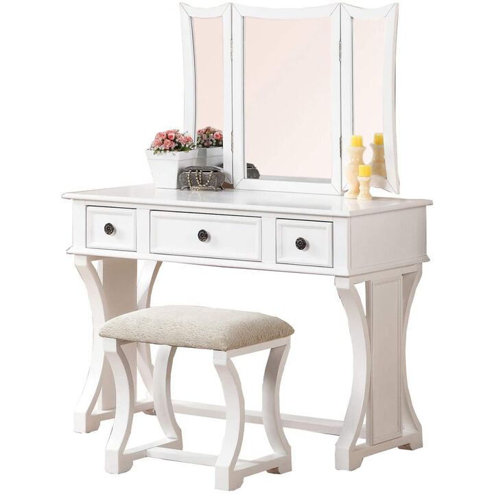Unique Modern Bedroom Vanity Set w Stool Foldable Mirror Drawers White Color MDF Veneer 1pc Vanity Furniture