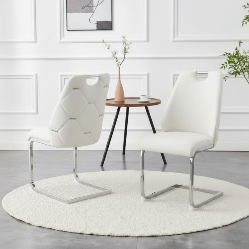 Set of 2 PU Leather Dining Chairs, High Back Upholstered Dining Chair with Ring Pull Handle, Modern Rectangular Back Dining Chair image number 1