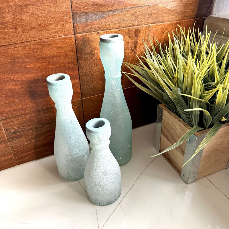 Frosted Glass Taper Candle Holder Set Of 3, Tallest 10 In Blue-Green image number 6