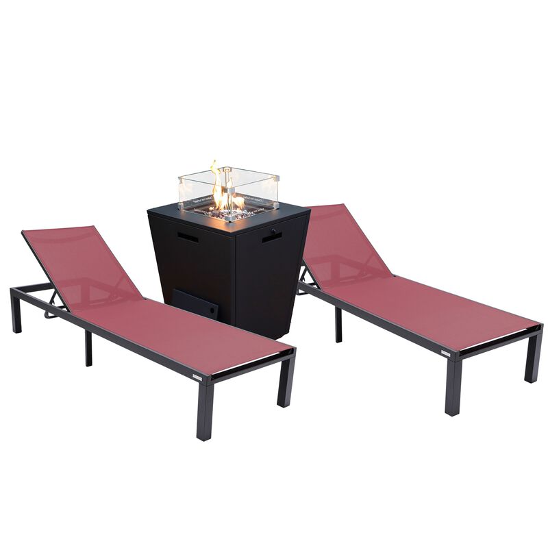 LeisureMod Marlin Modern Aluminum Outdoor Patio Chaise Lounge Chair in Black Frame Set of 2 with Square Fire Pit Side Table