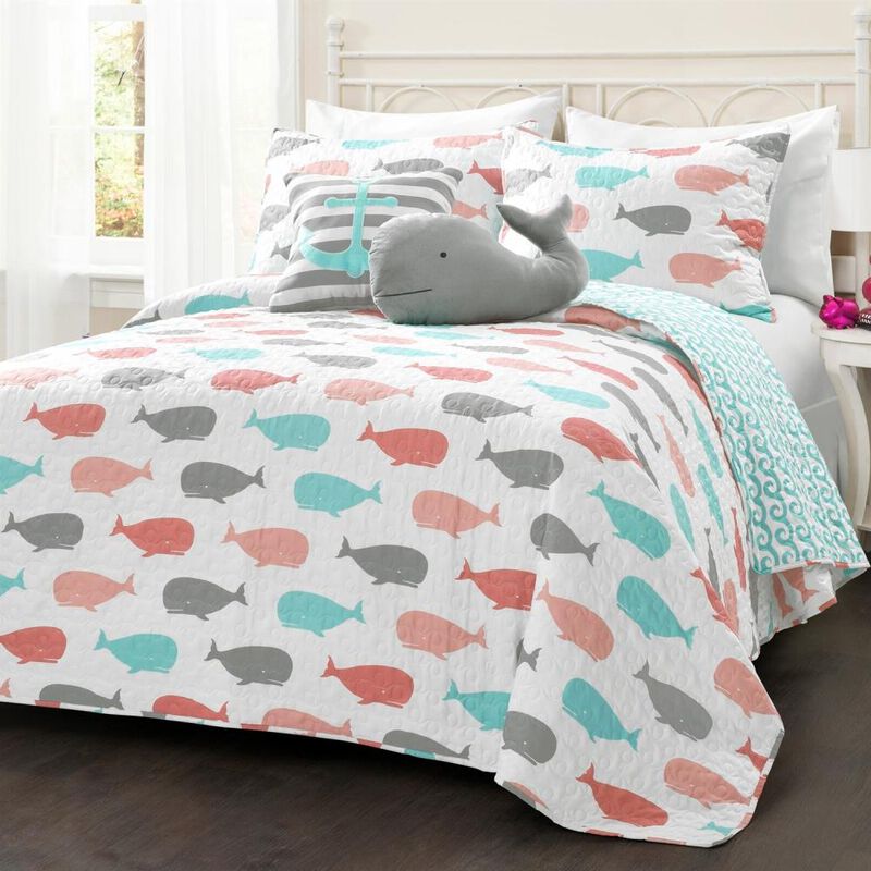 Hivvago Full/Queen 5 Piece Microfiber Quilt Set in Teal Pink Aqua Waves Whale Pattern