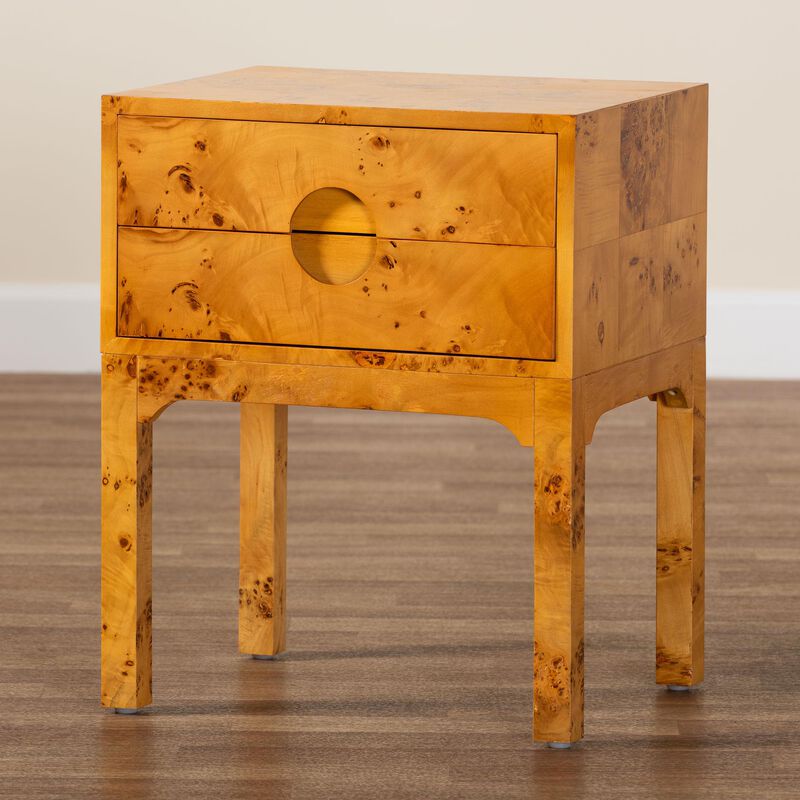bali & pari Kayla Modern and Contemporary Natural Light Mappa Burl Wood 2 Drawer Nightstand