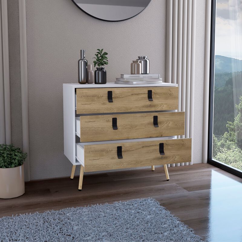 DEPOT E-SHOP Toka 3 Drawers Dresser with Handles and Wooden Legs, White / Macadamia