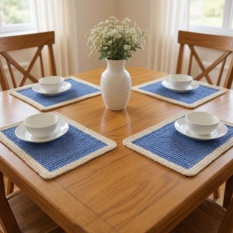 HomeRoots 19" Set of Four Blue And Natural Solid With Border Cotton Placemats image number 1