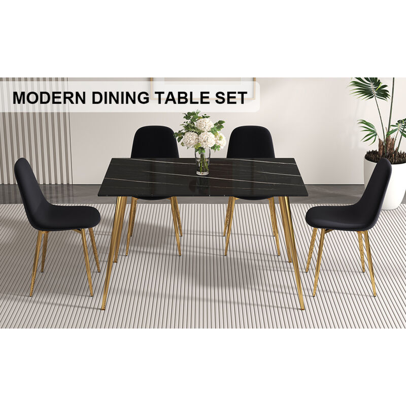 A set of 4 dining chairs and a dining table, featuring modern medieval style restaurant cushioned side chairs, equipped with soft velvet fabric cushions and spoon shaped golden metal legs. B0501A