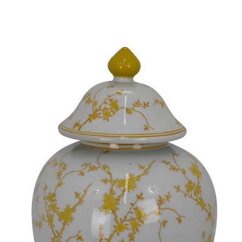 Chris Lidded Accent Jar, Yellow Bird and Floral, White Ceramic 20 Inch - Benzara