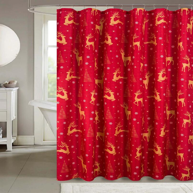 RT Designers Collection Christmas Golden Reindeer Slub Shower Curtain 70" x 72" Red/Gold