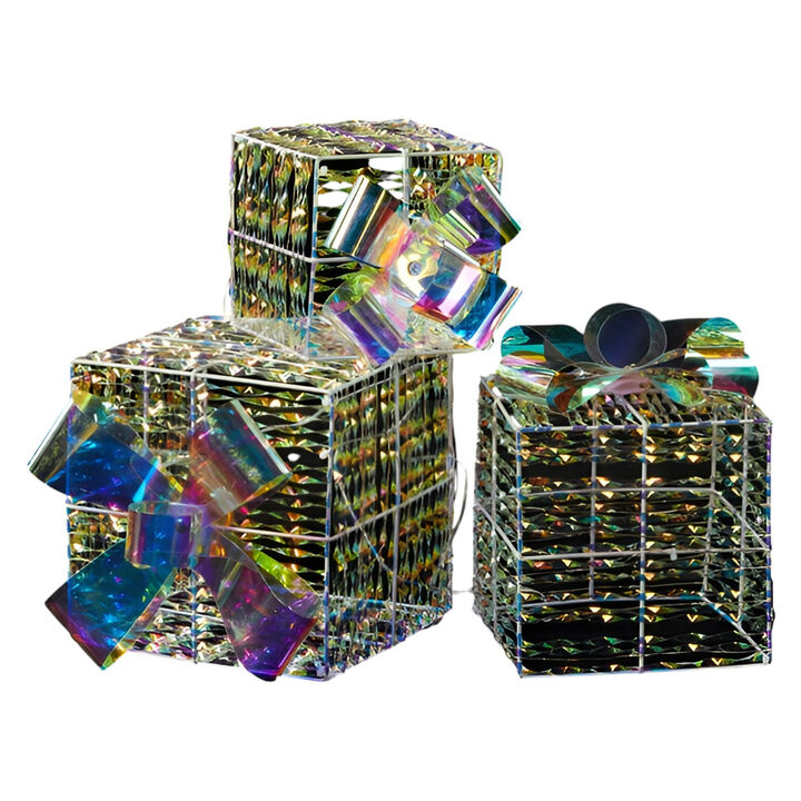 Lighted Iridescent Gift Boxes Set of 3 – Pre-Lit Decor with 140 Warm White LEDs for Indoor & Outdoor