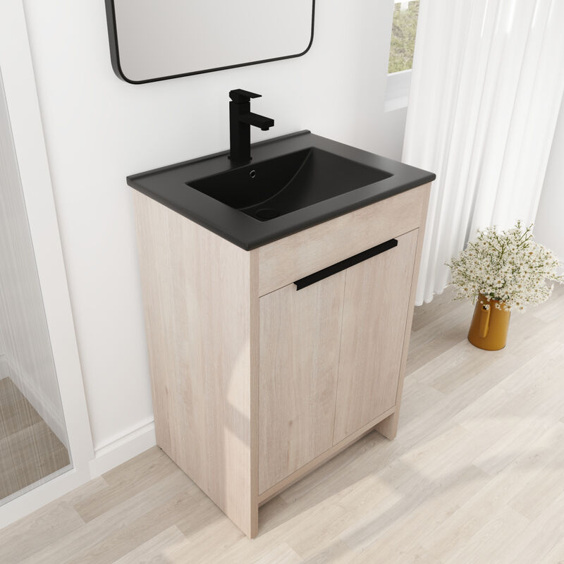 24 Inch Freestanding Bathroom Vanity with Black Ceramic Sink & 2 Soft-Close Cabinet Doors (BVB02424PLO-G-BL9060BK),W1286S