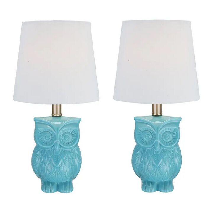 18 Inch Table Lamp with Owl Stand, Set of 2, Ceramic, Aqua Haze Finish - Benzara