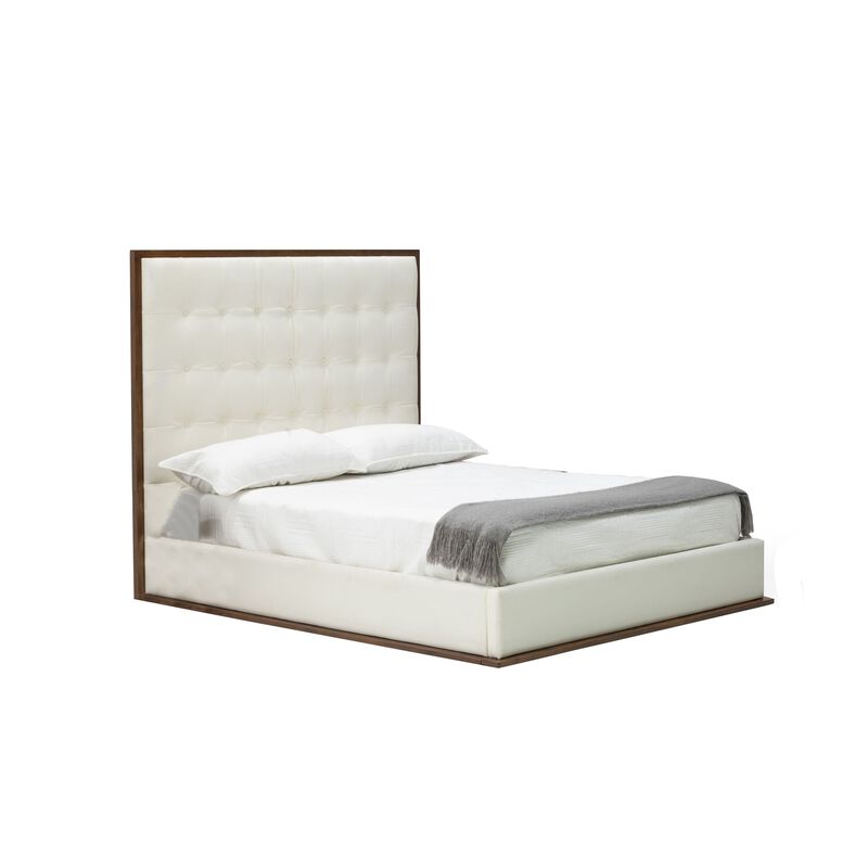 Cid Jess King Platform Bed, Tufted Faux Leather Upholstery, White, Brown - Benzara
