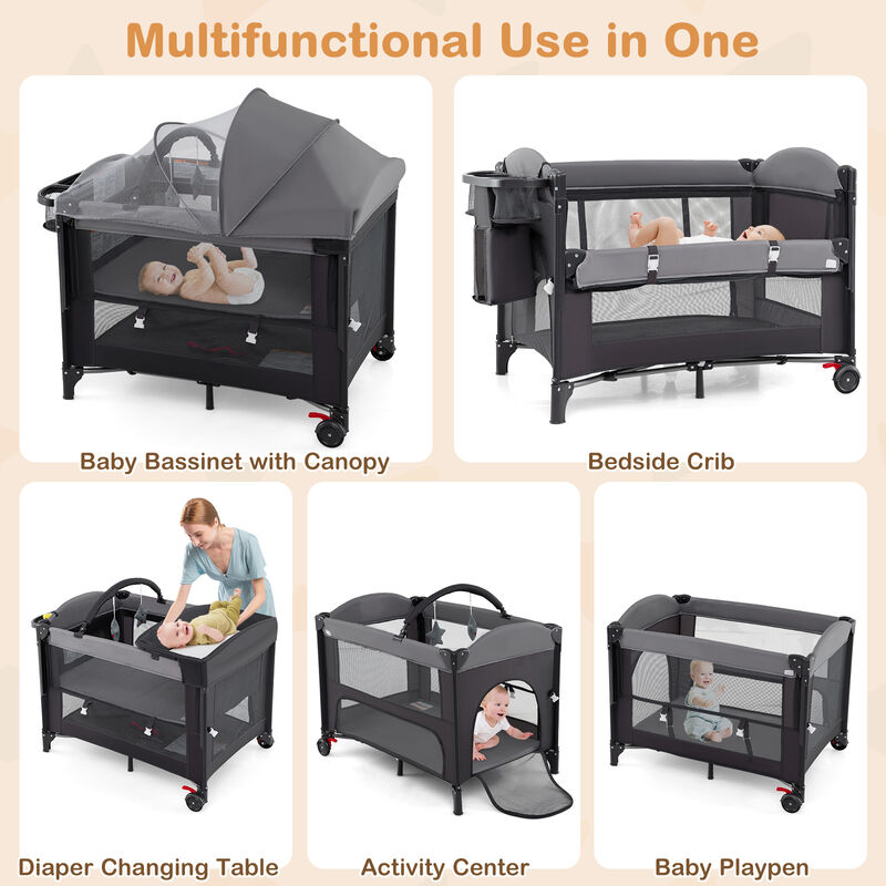 4-in-1 Foldable Bassinet with Height Adjustment, Changing Station & Soft Mattress