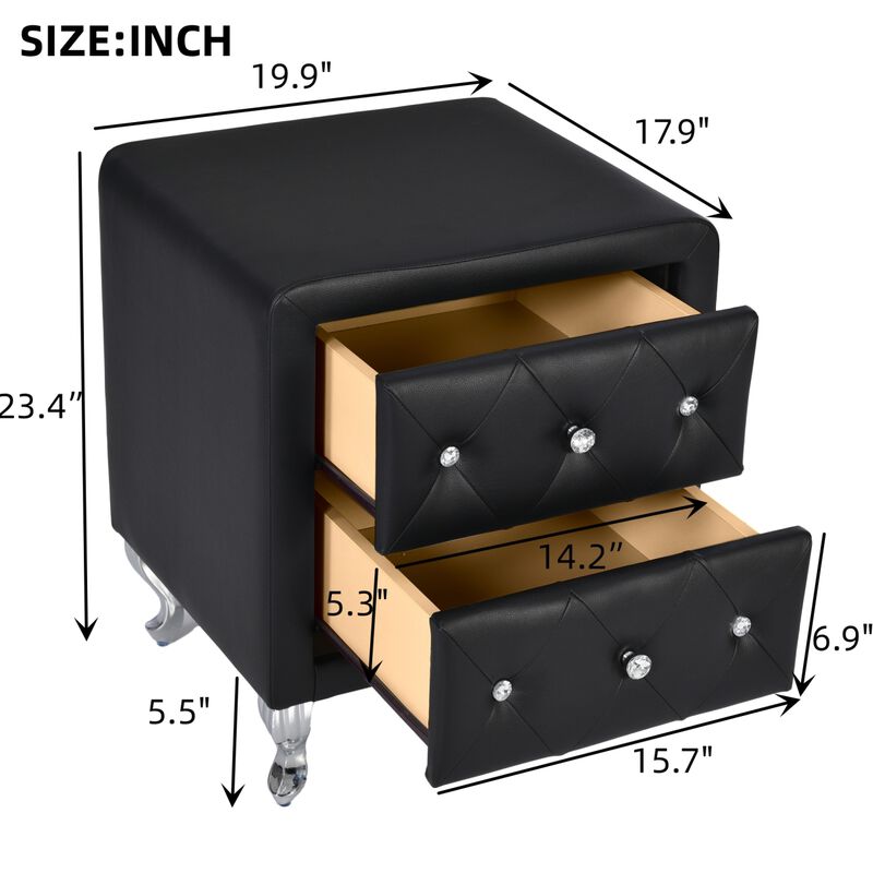 Elegant PU Nightstand with 2 Drawers and Crystal Handle, Fully Assembled Except Legs Handles, Storage Bedside Table with Metal Legs - Black image number 2