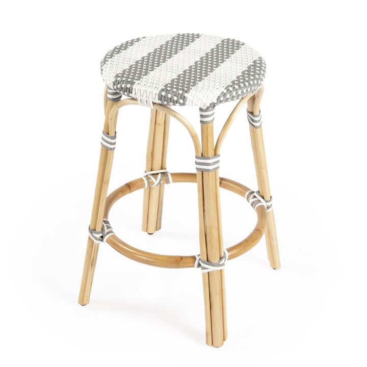 Butler Specialty Tobias Rattan Round 24 Counter Stool, Gray and White Stripe