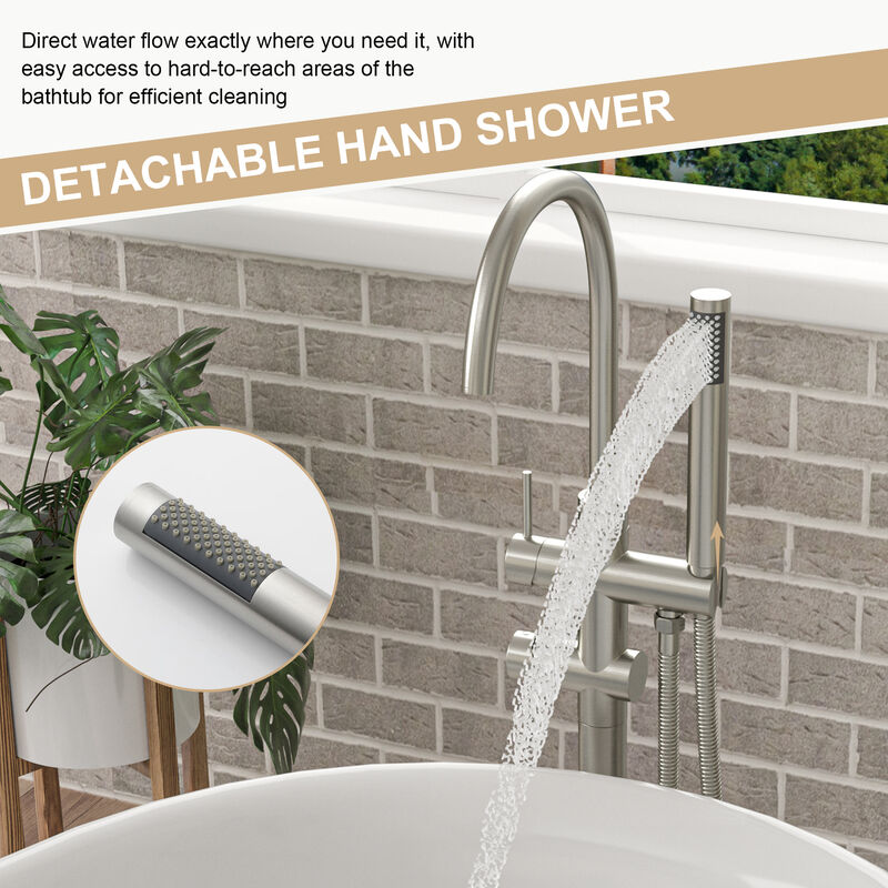 Freestanding Bathtub Faucet Floor Mount Tub Filler Brushed Nickel, Swivel Gooseneck Spout with Cylinder Handheld