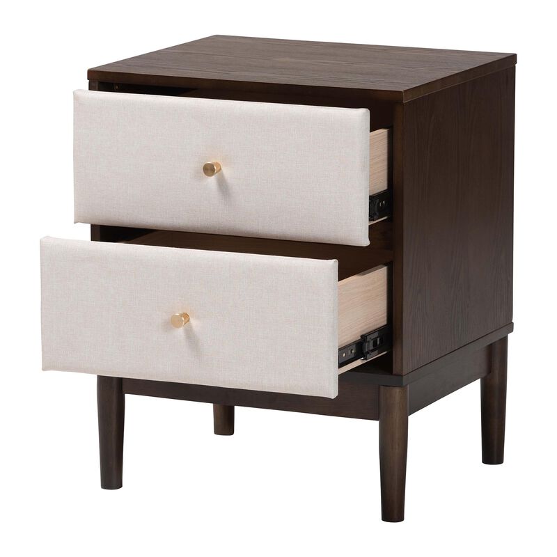 Baxton Studio Nikolai Mid Century Beige Fabric and Wenge Brown Wood 2 Drawer Nightstand