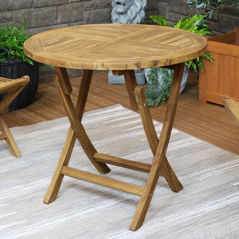 Sunnydaze Solid Teak Wood Folding Round Patio Dining Table