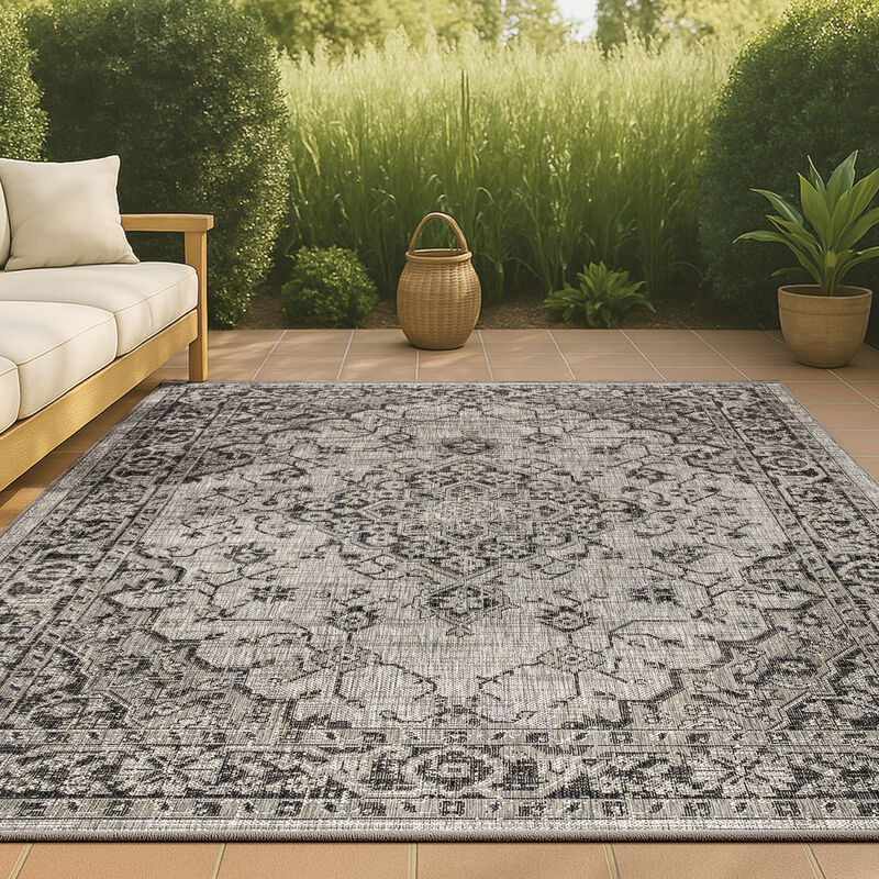 Rozetta Boho Medallion Textured Weave Gray/Black. Indoor/Outdoor Runner Rug