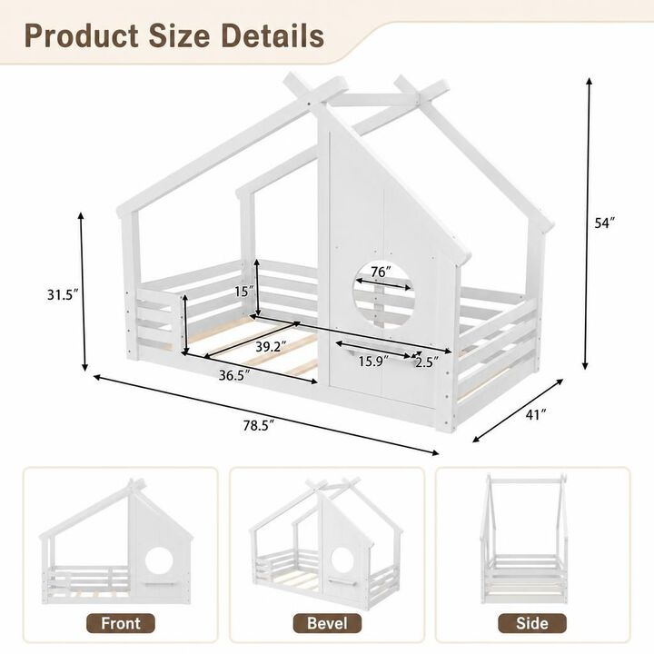 GOODSILO Twin Size House Shaped Floor Bed With Built-In Decorative Window And Storage Shelf, Sturdy Solid Wood Frame No Box Spring Required