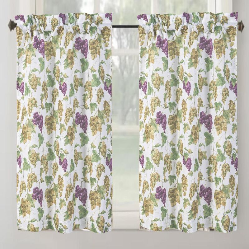 RT Designer's Collection Tribeca Grapes Printed Slub 3 Pieces Kitchen Curtain Includes 1 Valance 52" x 18" and 2 Tiers 26" x 36" Each Multi Color
